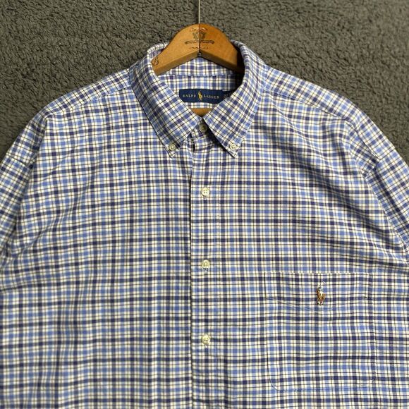 Polo Ralph Lauren Shirt Mens 2XLT Tall Blue Plaid Oxford Button Up Flesh Pony - Picture 11 of 16